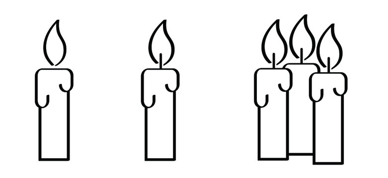 Set. Candle day on 11 december. Advent, light fire lamp. Drawing, burning candle flame Vector pictogram. Earth hour, burning memorial candles, Old candlestick. Christmas xmas time. Icon symbol.