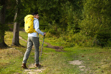 Man with backpack and trekking poles hiking in forest. Space for text