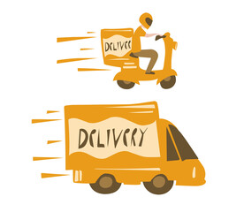 Delivery service concept courier simple flat cartoon hand drawn vector illustration