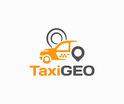 English taxi with location pin logo design. Taxi service, yellow cab and map marker vector design. Car sharing logotype