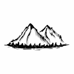 Fototapeta premium Graphic ink drawing of mountains and forests on a white background.