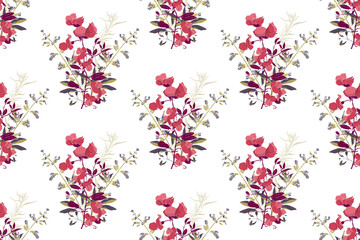 Vector floral seamless pattern. Repetitive bouquets of coral-colored flowers with purple and olive-colored leaves and twigs. Floral elements isolated on a white background.