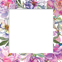 Delicate floral frame made of pink roses, peonies and leaves. Botanical watercolour. Wedding design. Postcards for the holidays.