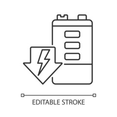 Battery discharging linear icon. Self-discharge. Energy draining. Durability deterioration. Thin line customizable illustration. Contour symbol. Vector isolated outline drawing. Editable stroke