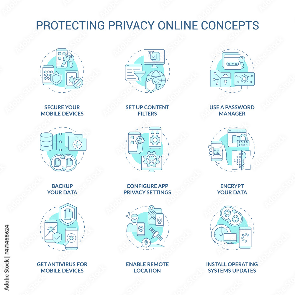 Poster privacy safe in internet concept icons set. personal data internet safety idea thin line color illus