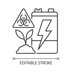 Battery soil contamination threat linear icon. Heavy metal land pollution. Accumulator corrosion. Thin line customizable illustration. Contour symbol. Vector isolated outline drawing. Editable stroke