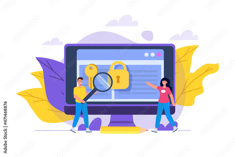 Poster cybersecurity, data access, protection network safe data concept. web page design templates. vector 