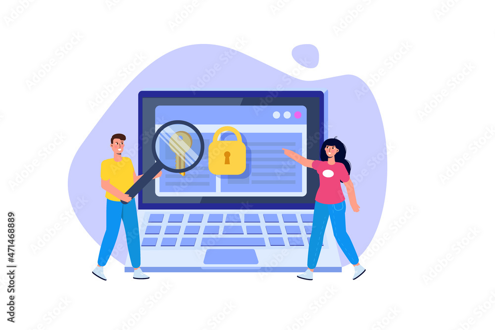 Poster cybersecurity, data access, protection network safe data concept. web page design templates. vector 