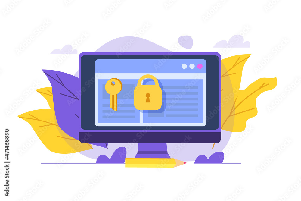 Poster cybersecurity, data access, protection network safe data concept. web page design templates. vector 
