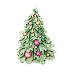 Christmas tree made in watercolor in vintage style.