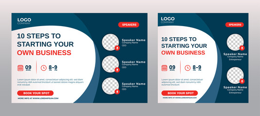 Business Steps Conference live webinar banner invitation and social media post template. Abstract Black background cover. Business webinar invitation design.
