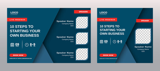 Business Steps Conference live webinar banner invitation and social media post template. Abstract Black background cover. Business webinar invitation design.
