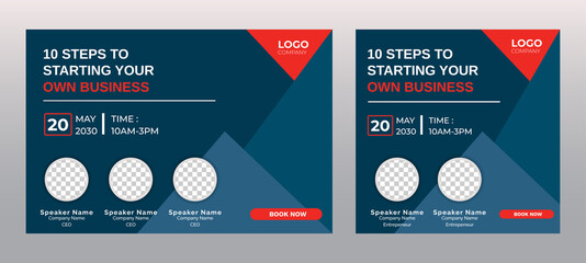 Business Steps Conference live webinar banner invitation and social media post template. Abstract Black background cover. Business webinar invitation design.
