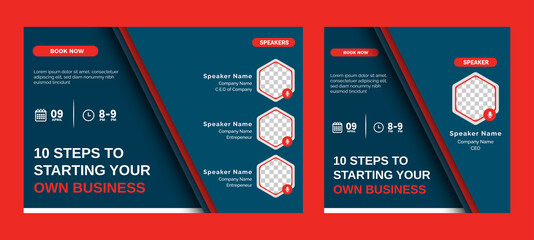 Business Steps Conference live webinar banner invitation and social media post template. Abstract Black background cover. Business webinar invitation design.
