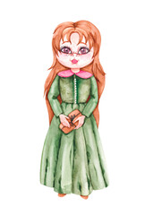 Girl in a green dress with a gift In vintage style