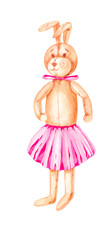 Toy bunny in a pink skirt made in watercolor in vintage style