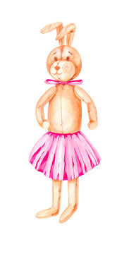 Toy bunny in a pink skirt made in watercolor in vintage style