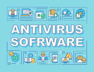 Fototapeta na wymiar Antivirus software saving personal data word concepts banner. Infographics with linear icons on blue background. Isolated creative typography. Vector outline color illustration with text