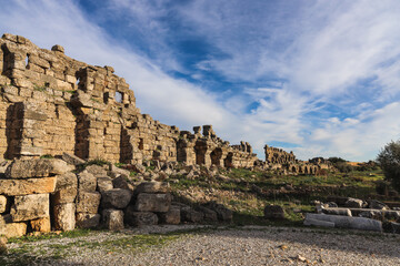 Ancient Greek ruins in the old town of pamfilya, Side, Antalya, The Roman ruins in old Side.