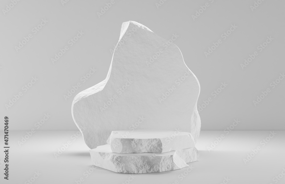 Poster white stone plates podium with rough textured edges and slab in shape rock on grey backdrop. broken 