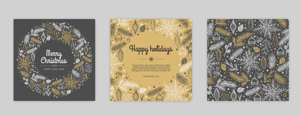 Merry Christmas artistic templates. Corporate Holiday cards and invitations. Floral frames and backgrounds design.