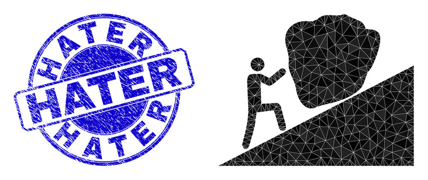 Low-Poly polygonal man rolling stone up 2d illustration with Hater corroded seal print. Blue stamp seal contains Hater title inside circle it.