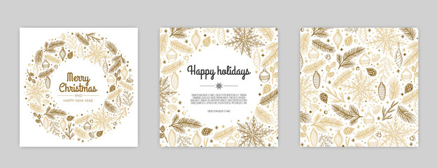 Merry Christmas artistic templates. Corporate Holiday cards and invitations. Floral frames and backgrounds design.