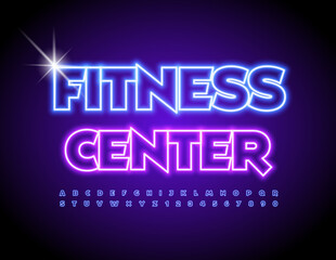 Vector bright Sign Fitness Center. Neon Glowing Font. Illuminated Alphabet Letters and Numbers set