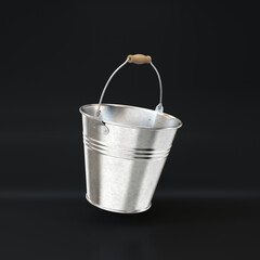 Silver iron bucket floating on a black background, 3d render