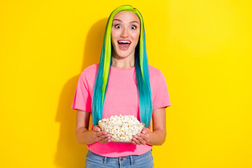 Photo of impressed funky young bright lady dressed pink t-shirt open mouth smiling isolated yellow color background