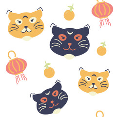 Seamless flat pattern illustration for the new year 2022. Tiger, Chinese New Year, Chinese lanterns.
