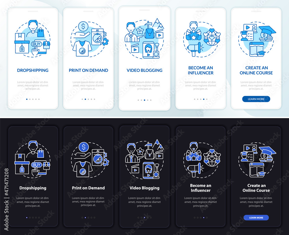 Aufkleber earning money online onboarding mobile app page screen. print on demand walkthrough 5 steps graphic 