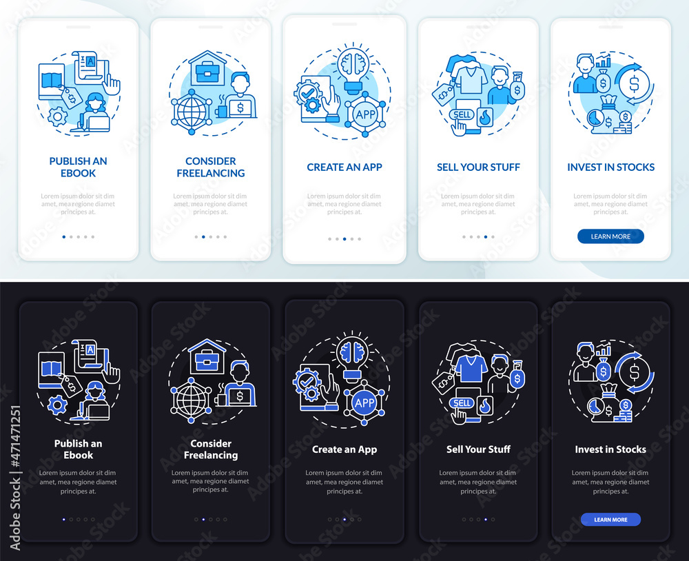 Aufkleber money making ways onboarding mobile app page screen. publish ebook walkthrough 5 steps graphic instr