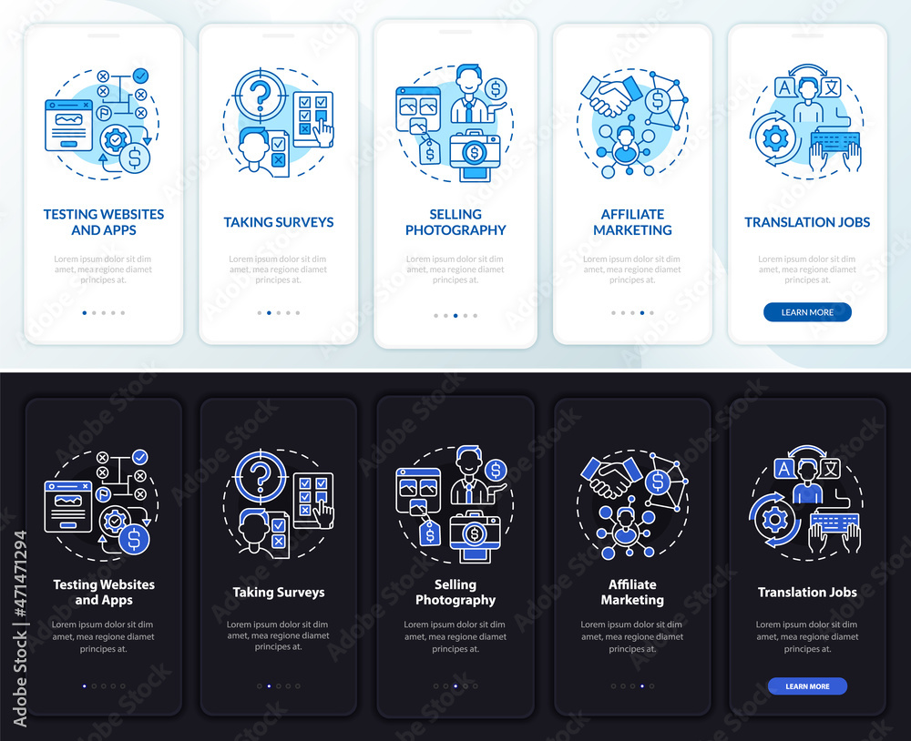 Poster online profitmaking onboarding mobile app page screen. taking surveys walkthrough 5 steps graphic in
