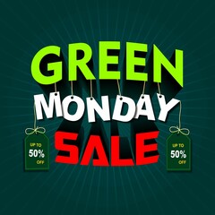 Green monday sale text effect with price tag and dark bluish green background