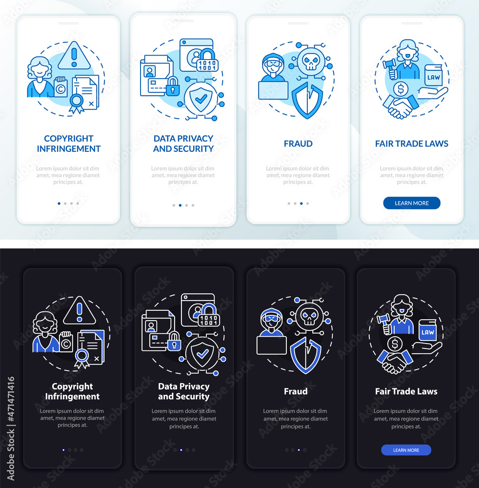 Poster online business risks onboarding mobile app page screen. data security walkthrough 4 steps graphic i