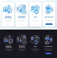 Fototapeta na wymiar Online business risks onboarding mobile app page screen. Data security walkthrough 4 steps graphic instructions with concepts. UI, UX, GUI vector template with linear night and day mode illustrations