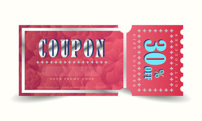 Isolated template pink and silver gift card. Glamorous vector discount voucher with promo code and offer up to 30 percent off. Shopping coupon with text sale promotion for business, marketing.