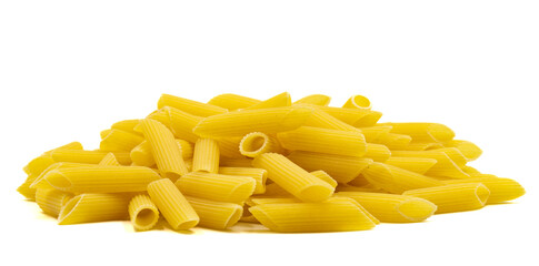 Raw penne pasta isolated on white background. Close-up. vertical view