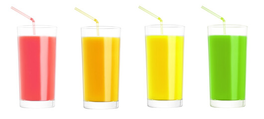 concept of multi-colored fruit and vegetable juices. freshly squeezed grapefruit juice, orange and carrot juice, lemon, lime and kiwi juice in tall glasses with a drinking straw. isolated on white 