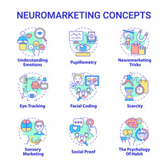 Neuromarketing concept icons set. Neuroscience and psychology. Sensory marketing. Customer behavior tracking idea thin line color illustrations. Vector isolated outline drawings. Editable stroke