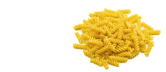 Raw auger pasta isolated on white background. Close-up. Empty space for text. Copy space