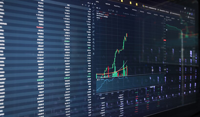 Laptop screen with stock market charts. Technical analysis and fundamental indicators of stock...