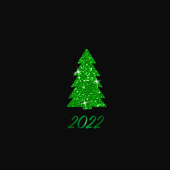 Sparkling Christmas Tree. Green Metallic glitter icon on a dark background. Merry Christmas and Happy New Year 2022. Vector illustration.