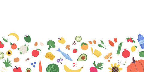 Banner with healthy food. Horizontal pattern with fresh organic fruits, vegetables and seafood. Colored flat vector illustration.