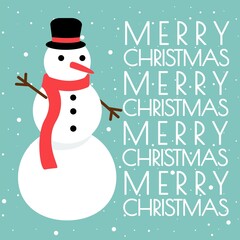 Christmas card snowman in hat and scarf. Marry Christmas greeting card. Happy wishes. Snowflakes on green background. Vector Flat illustration