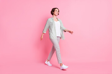 Full size photo of nice bob hairdo young lady go wear grey green look isolated on pink background