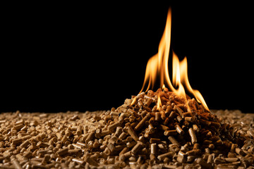 biomass - wood pellets burning. biofuel and renewable energy. copy space - obrazy, fototapety, plakaty