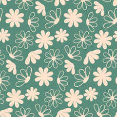 Silhouette of delicate pink flower on marsh green seamless pattern, wallpaper wrapping textile