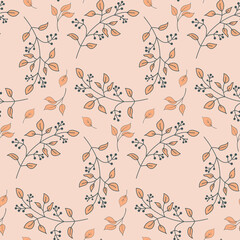 Seamless pattern gray twig with leaves and berries on a pink background vector illustration